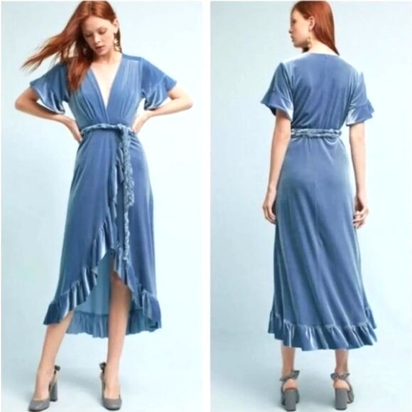MISA Blue Selina Velvet Ruffle Maxi Belted Wrap Dress  Women's Size Small - Picture 1 of 9